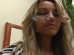 Horny young blonde smoking and sucking